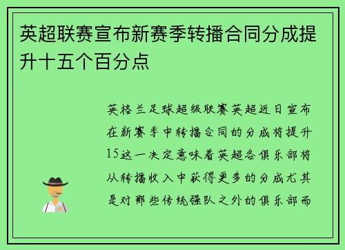 英超联赛宣布新赛季转播合同分成提升十五个百分点 英超联赛宣布新赛季转播合同分成提升十五个百分点