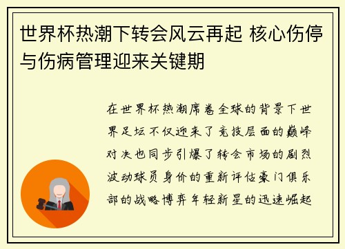 世界杯热潮下转会风云再起 核心伤停与伤病管理迎来关键期 世界杯热潮下转会风云再起 核心伤停与伤病管理迎来关键期